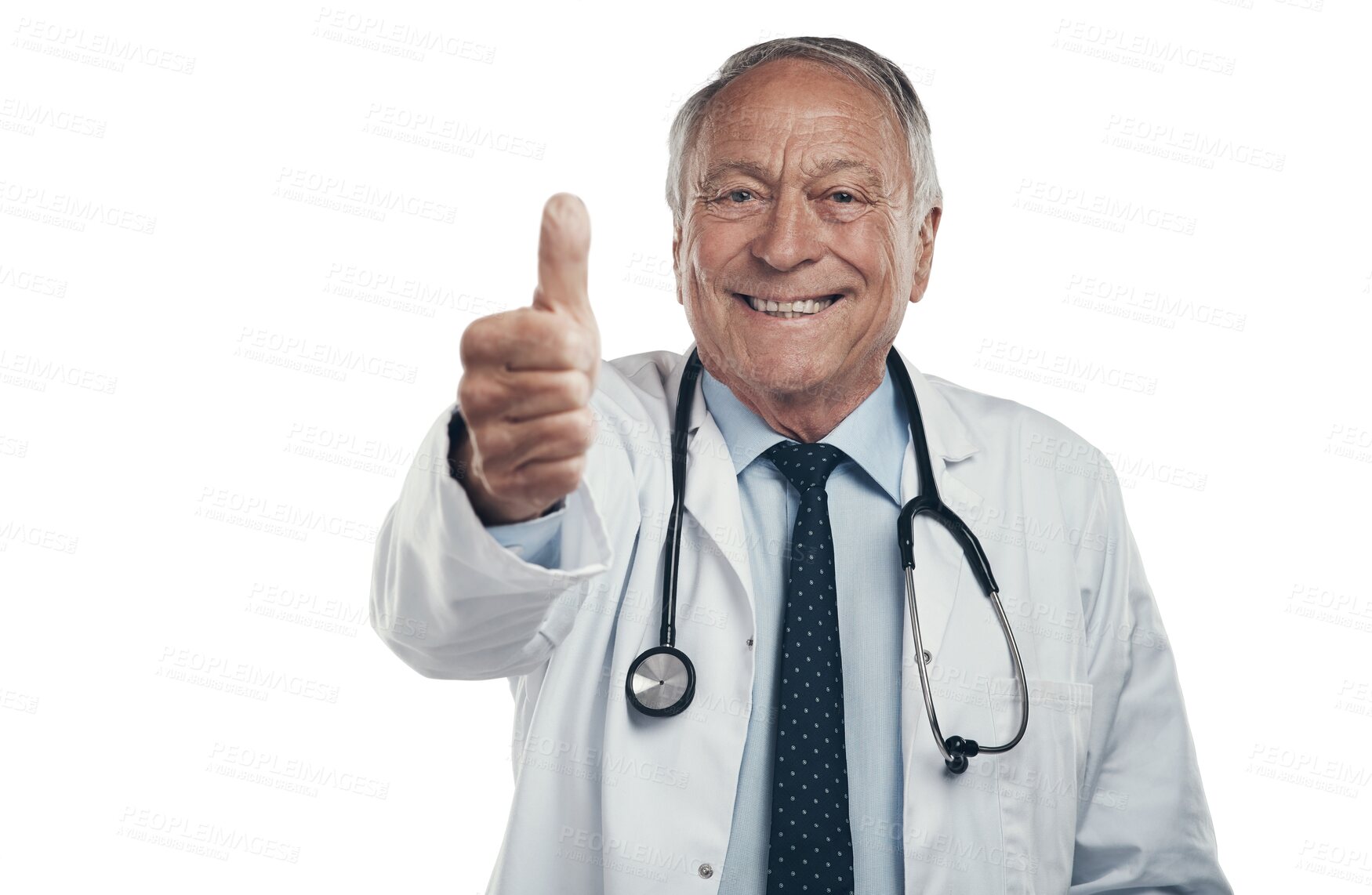 Buy stock photo Success portrait, thumbs up and doctor for healthcare support, thank you or excellence in clinic services. Happy, medical and senior man like, yes and okay hand isolated on transparent png background