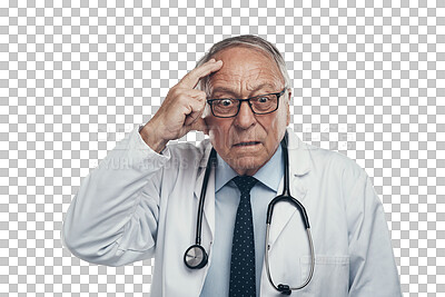 Buy stock photo Elder doctor, thinking and worry or mistake at clinic confused in png or isolated with transparent background for pharmacist. Medical person, confused and frustrated about patient with glasses.