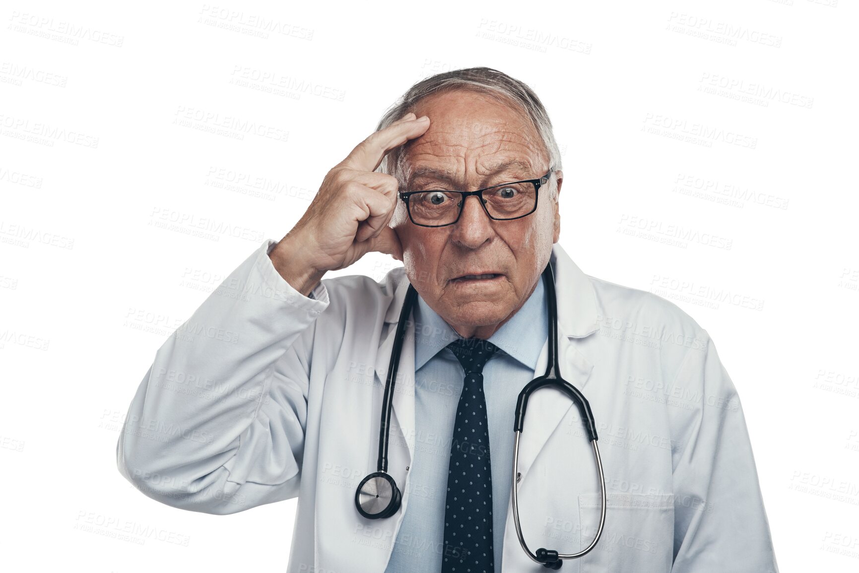 Buy stock photo Elder doctor, thinking and worry or mistake at clinic confused in png or isolated with transparent background for pharmacist. Medical person, confused and frustrated about patient with glasses.