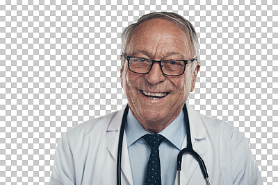 Buy stock photo Funny, senior man and face of doctor isolated on transparent png background. Portrait, glasses and elderly medical professional from Australia with health insurance, healthcare and laugh for wellness