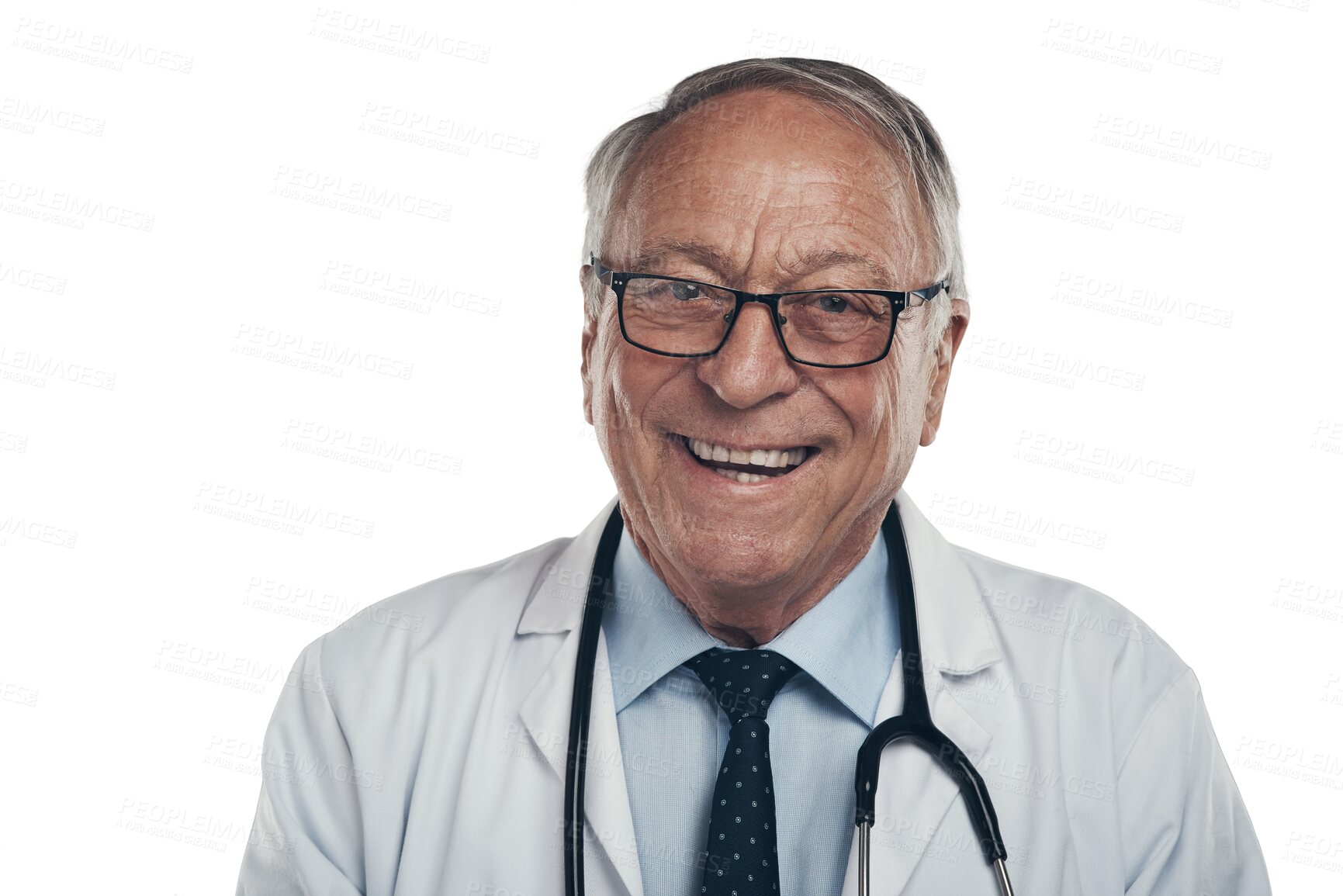 Buy stock photo Funny, senior man and face of doctor isolated on transparent png background. Portrait, glasses and elderly medical professional from Australia with health insurance, healthcare and laugh for wellness