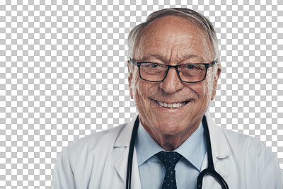 Buy stock photo Smile, senior man and face of doctor isolated on transparent png background. Portrait, glasses and elderly medical professional from Australia with health insurance, healthcare and happy for wellness