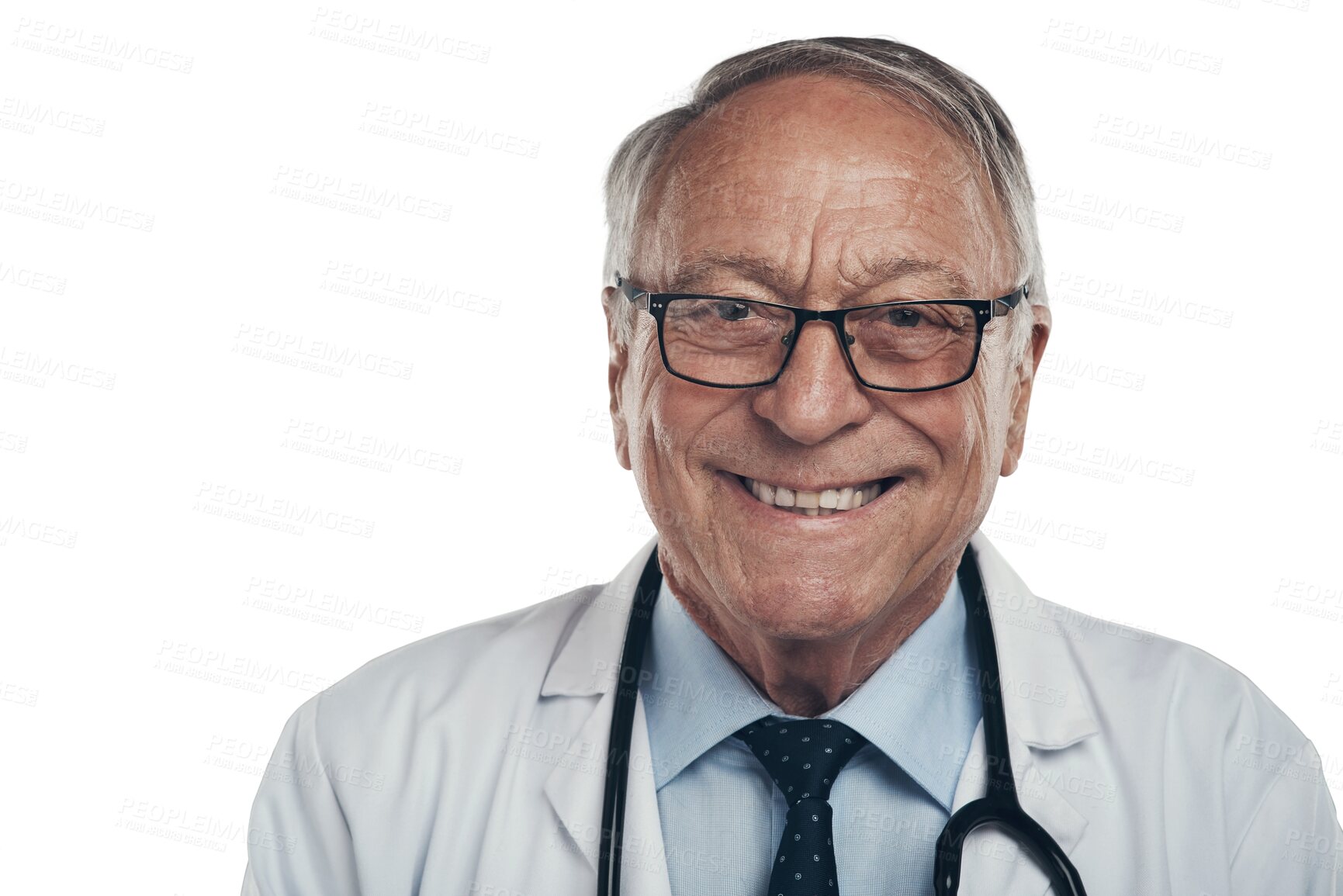 Buy stock photo Smile, senior man and face of doctor isolated on transparent png background. Portrait, glasses and elderly medical professional from Australia with health insurance, healthcare and happy for wellness