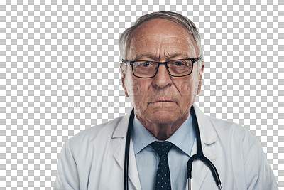 Buy stock photo Senior man, serious and face of doctor isolated on transparent png background. Portrait, glasses and elderly medical professional from Canada with health insurance, healthcare and wellness physician