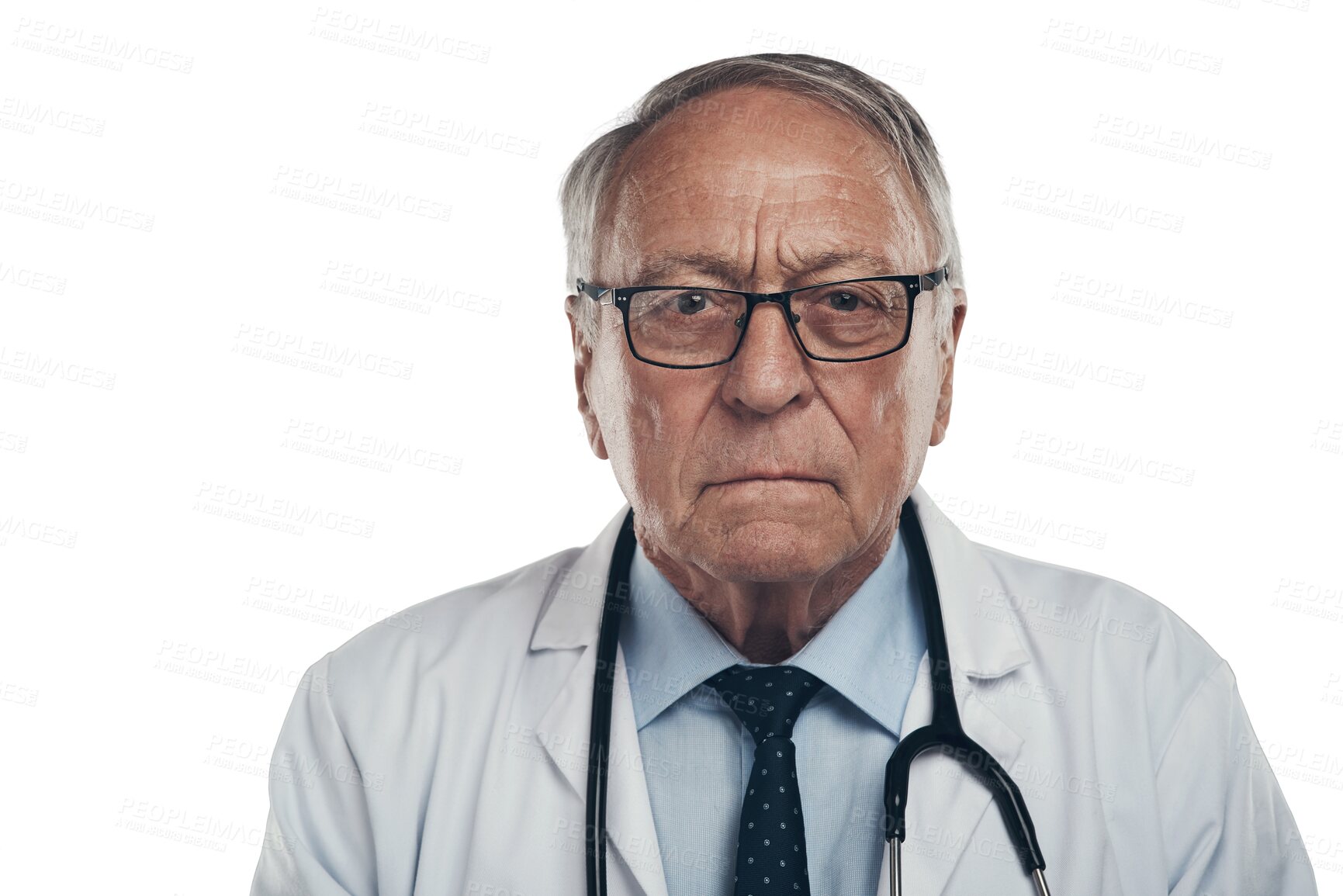 Buy stock photo Senior man, serious and face of doctor isolated on transparent png background. Portrait, glasses and elderly medical professional from Canada with health insurance, healthcare and wellness physician