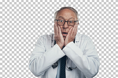 Buy stock photo Senior man, portrait and shocked doctor isolated on a transparent png background. Surprise, wow and elderly medical professional with emoji for amazed facial expression, healthcare and wellness.