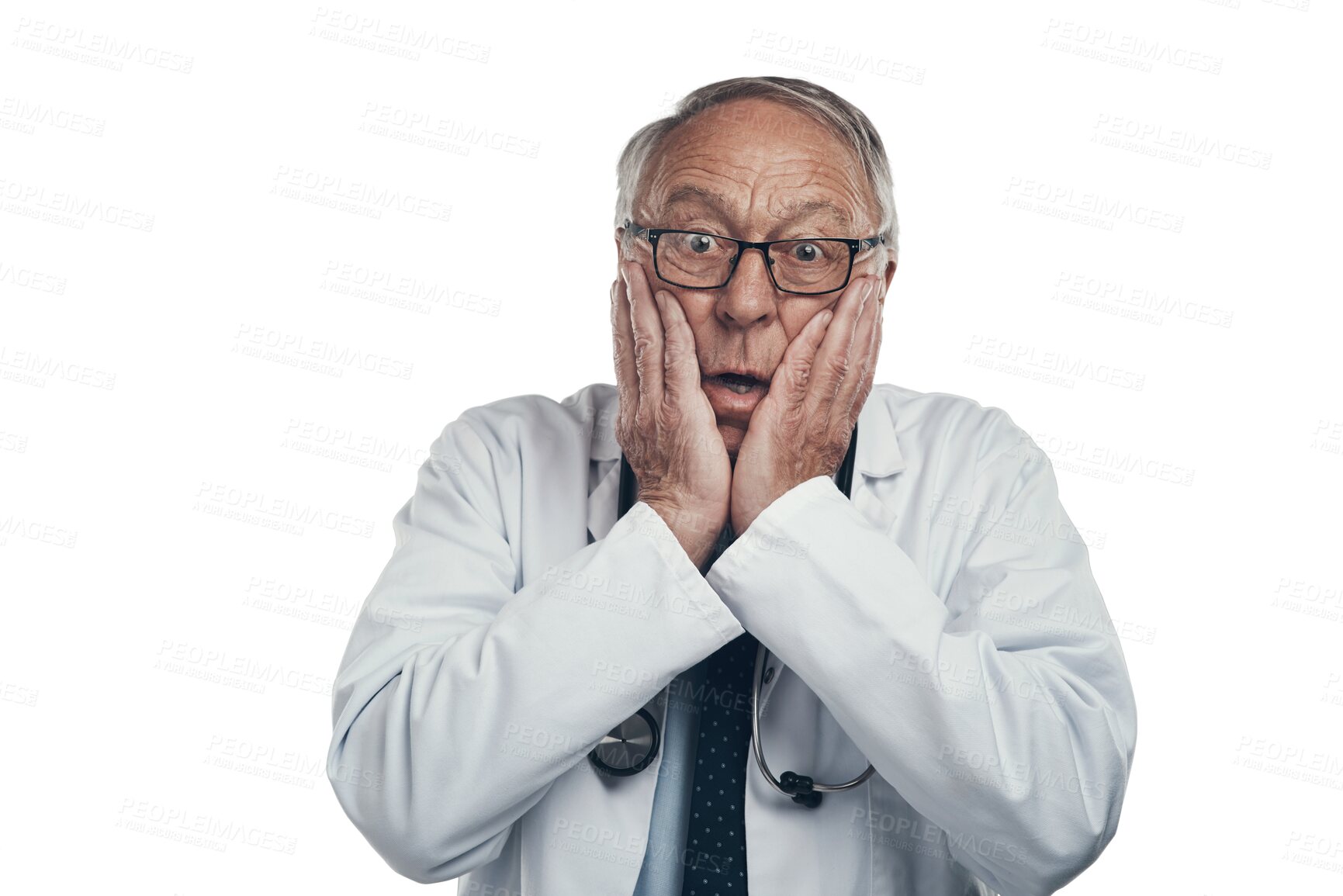 Buy stock photo Senior man, portrait and shocked doctor isolated on a transparent png background. Surprise, wow and elderly medical professional with emoji for amazed facial expression, healthcare and wellness.