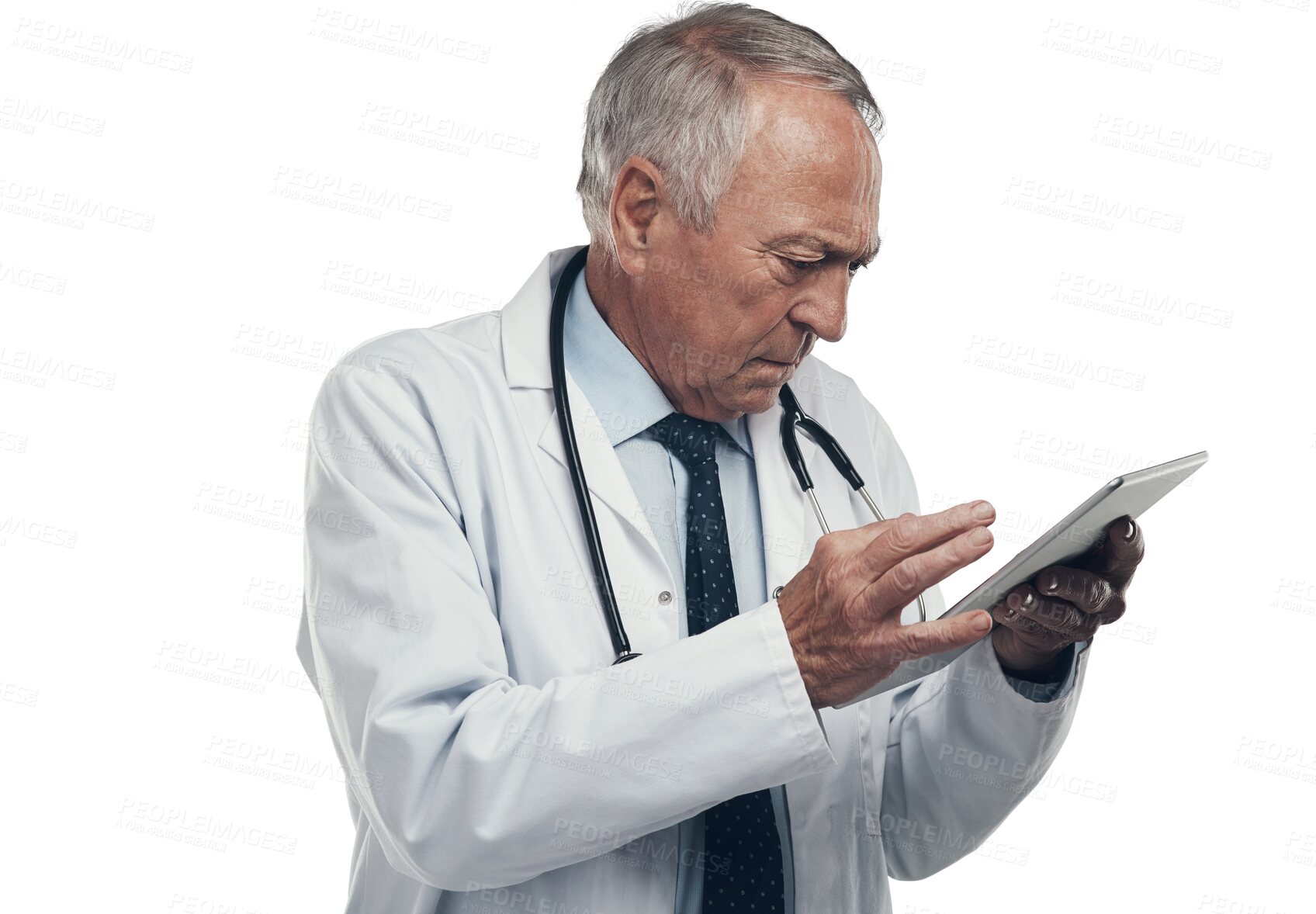 Buy stock photo Tablet, confused and doctor or man isolated on transparent png background for healthcare research or problem solving. Serious, focus and medical worker or senior person reading on digital technology