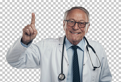 Buy stock photo Happy, portrait and mature male doctor pointing for marketing, advertising or product placement. Confident, smile and senior man medical worker with hand sign isolated by a transparent png background