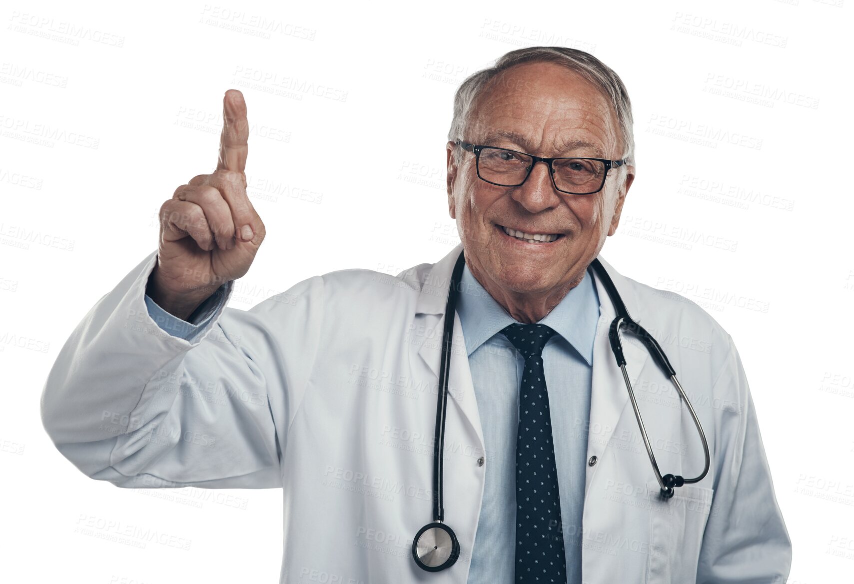 Buy stock photo Happy, portrait and mature male doctor pointing for marketing, advertising or product placement. Confident, smile and senior man medical worker with hand sign isolated by a transparent png background