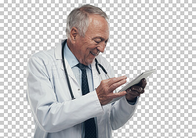 Buy stock photo Tablet, happy and doctor or man isolated on transparent png background in healthcare research, results or telehealth. Excited, reading or scroll medical website of senior person on digital technology