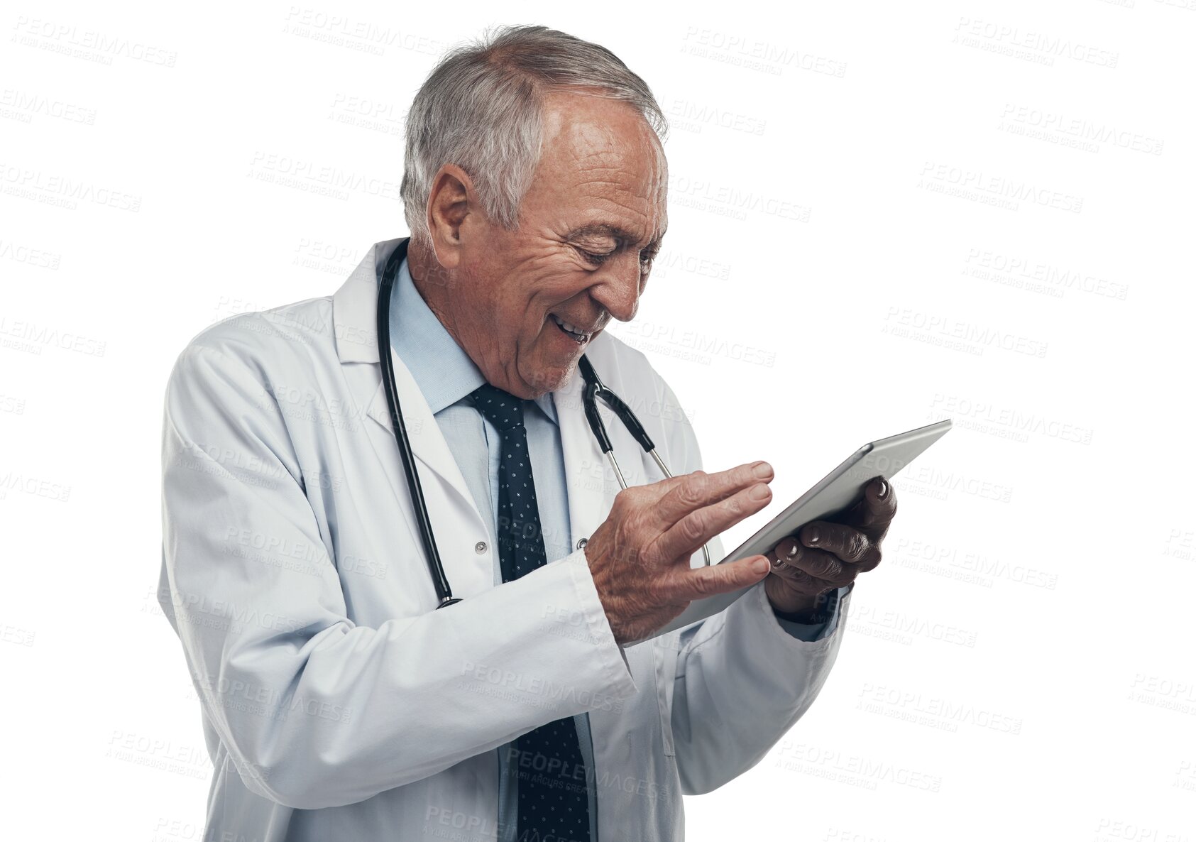 Buy stock photo Tablet, happy and doctor or man isolated on transparent png background in healthcare research, results or telehealth. Excited, reading or scroll medical website of senior person on digital technology