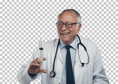 Buy stock photo Needle, vaccine and doctor or happy man isolated on transparent png background for healthcare comic. Syringe, excited and shooting medicine of funny senior person or medical worker for virus or drugs