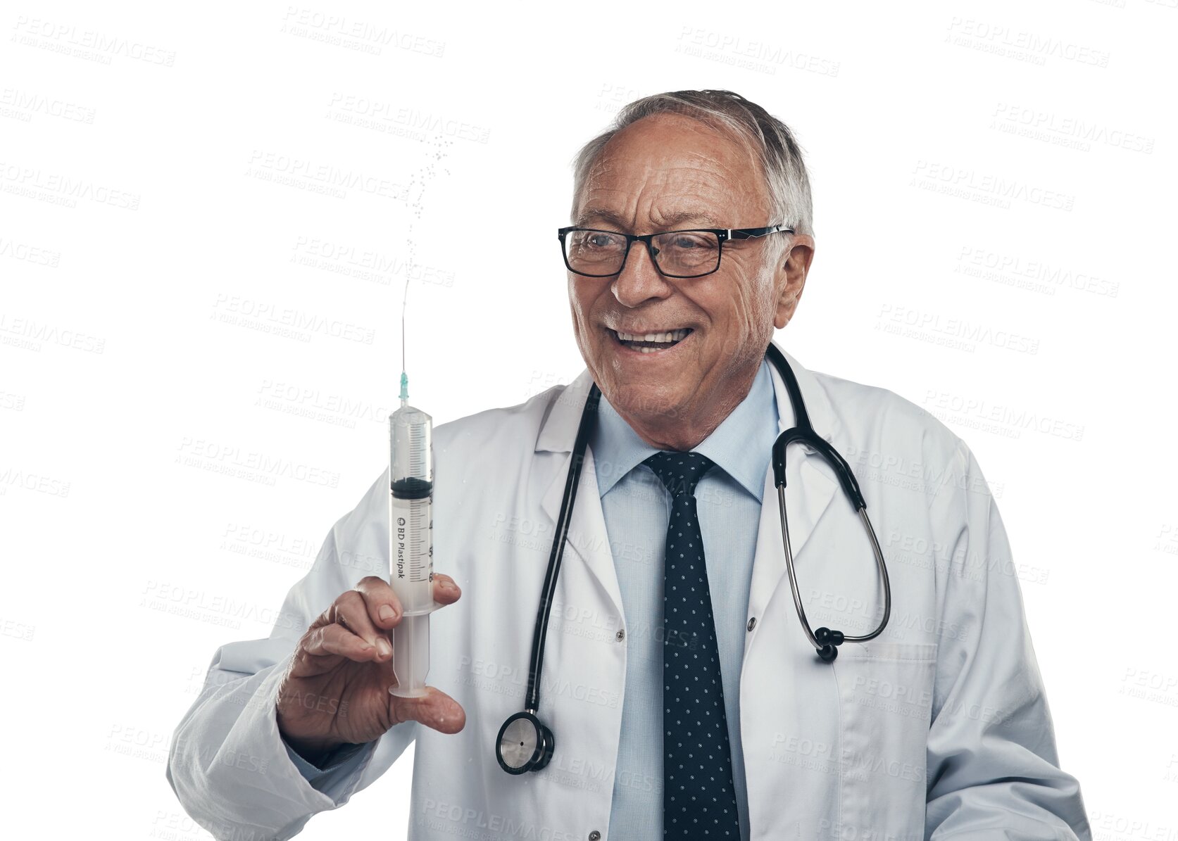 Buy stock photo Needle, vaccine and doctor or happy man isolated on transparent png background for healthcare comic. Syringe, excited and shooting medicine of funny senior person or medical worker for virus or drugs