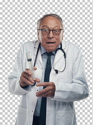 Buy stock photo Healthcare, portrait of a man doctor with syringe and isolated against a transparent png background for vaccination. Covid, vaccine and mature man surgeon ready for medical injection needle.