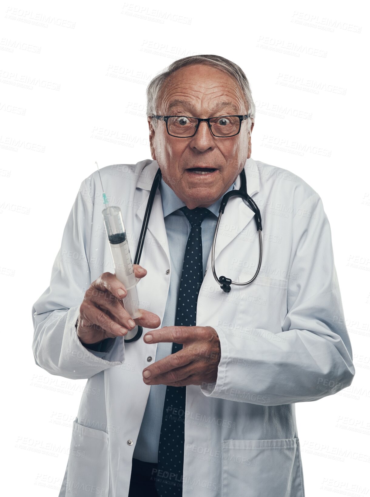 Buy stock photo Healthcare, portrait of a man doctor with syringe and isolated against a transparent png background for vaccination. Covid, vaccine and mature man surgeon ready for medical injection needle.