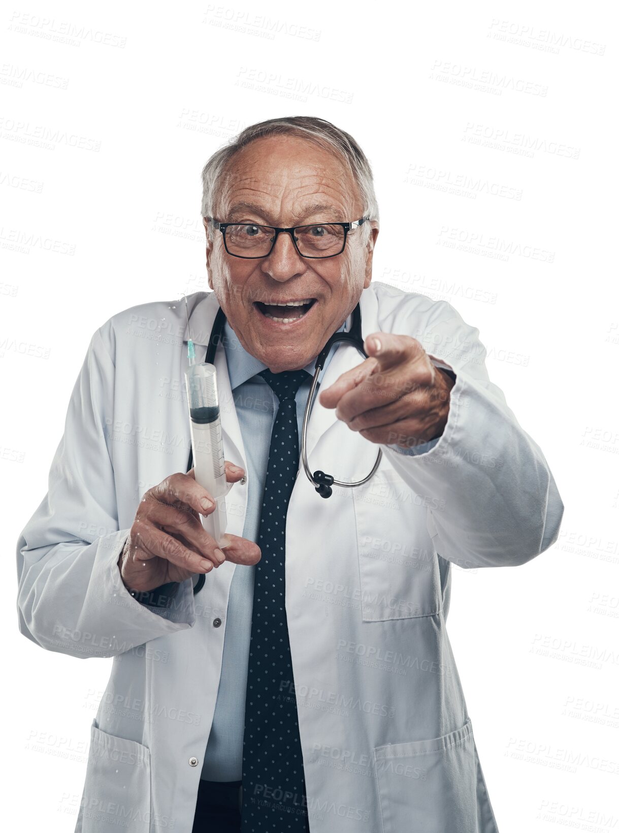 Buy stock photo Syringe, happy and portrait of senior male doctor with medicine, medication or injection. Confident, smile and mature man healthcare worker with medical liquid isolated by transparent png background.