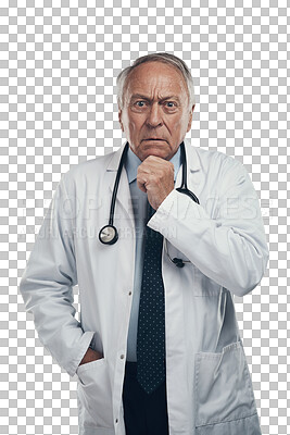 Buy stock photo Portrait, senior man and serious doctor isolated on a transparent png background. Face, elderly and male medical professional from Australia with health insurance, healthcare or confident in wellness