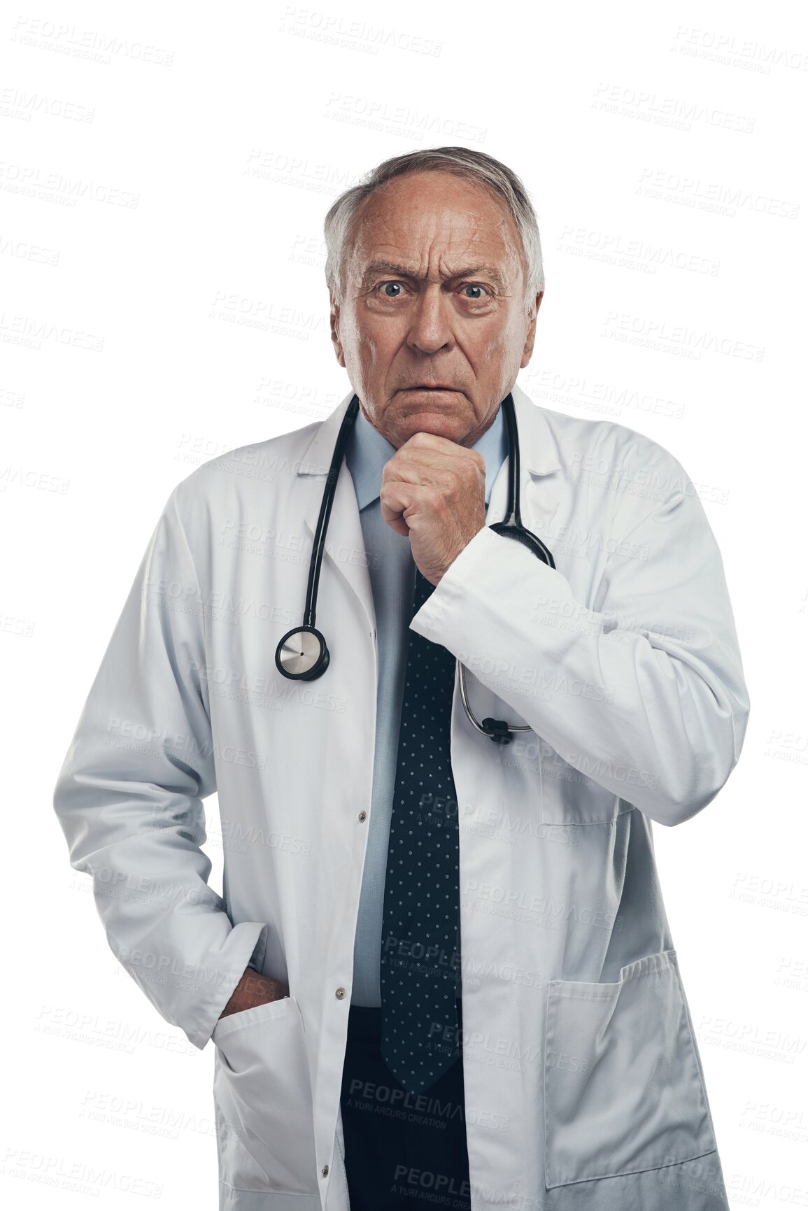 Buy stock photo Portrait, senior man and serious doctor isolated on a transparent png background. Face, elderly and male medical professional from Australia with health insurance, healthcare or confident in wellness