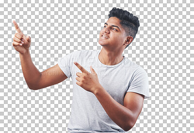 Buy stock photo Man, smile and pointing at commercial or promotion in png or isolated and transparent background in india. Male person, presenting offer with advertising or showing gesture for sale and shopping.