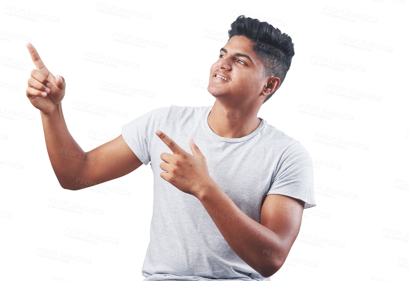 Buy stock photo Man, smile and pointing at commercial or promotion in png or isolated and transparent background in india. Male person, presenting offer with advertising or showing gesture for sale and shopping.