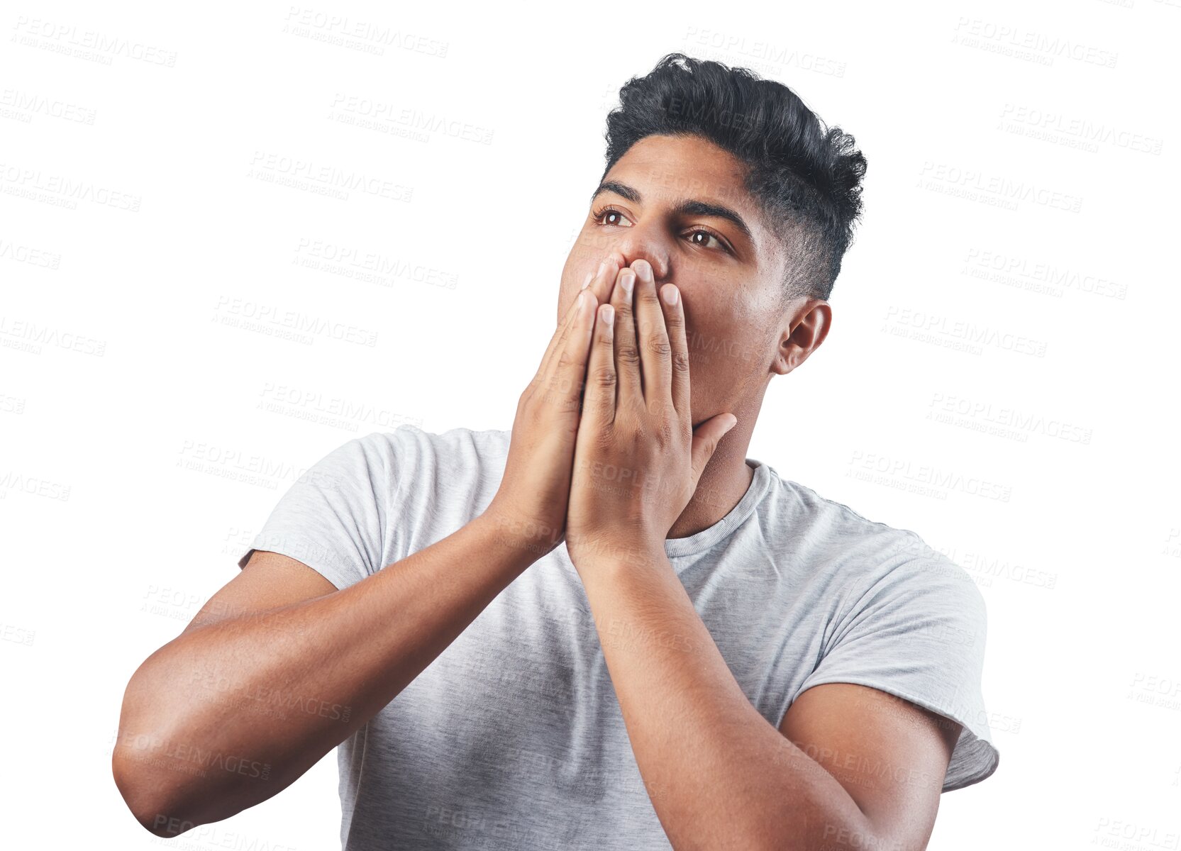 Buy stock photo Surprise, man and omg with emoji reaction, meme and guy isolated against a transparent background. Male person, model or shocked face with wow, confused and news with expression, png and announcement