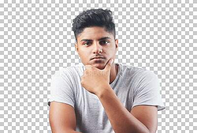 Buy stock photo Portrait, confidence and young man or student in casual tshirt isolated on transparent png background. Serious, focus and confident latino person with mindset for university, college or education