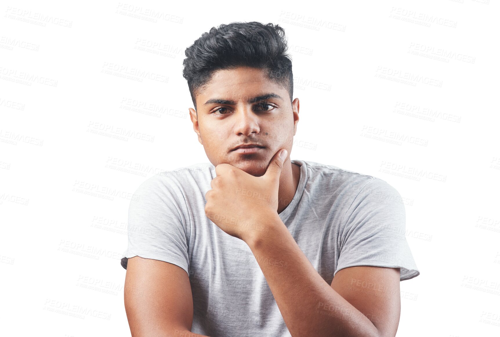 Buy stock photo Portrait, confidence and young man or student in casual tshirt isolated on transparent png background. Serious, focus and confident latino person with mindset for university, college or education