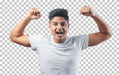 Buy stock photo Portrait, success and fitness man in power, yes and celebration for winning, goals or workout achievement. Celebrate, fist and strong indian person in training isolated on transparent png background