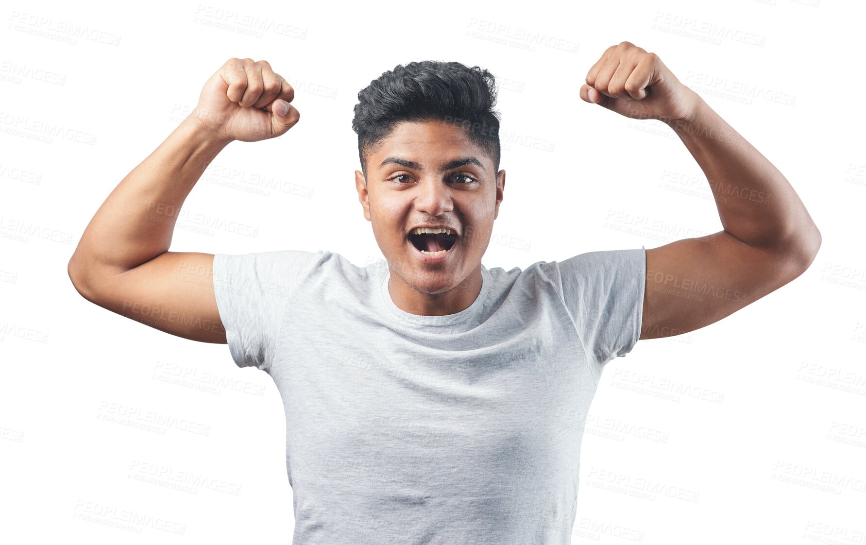 Buy stock photo Portrait, success and fitness man in power, yes and celebration for winning, goals or workout achievement. Celebrate, fist and strong indian person in training isolated on transparent png background