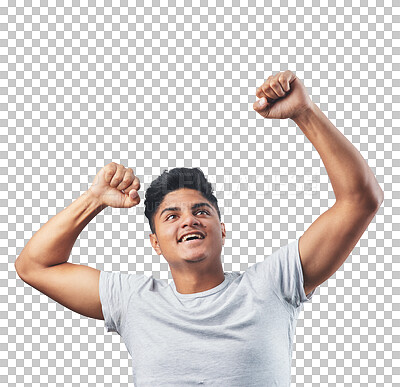 Buy stock photo Yes, success and happy man for freedom, power and celebration of winning, sale or college achievement. Celebrate, fist and indian person or student with wow isolated on transparent, png background