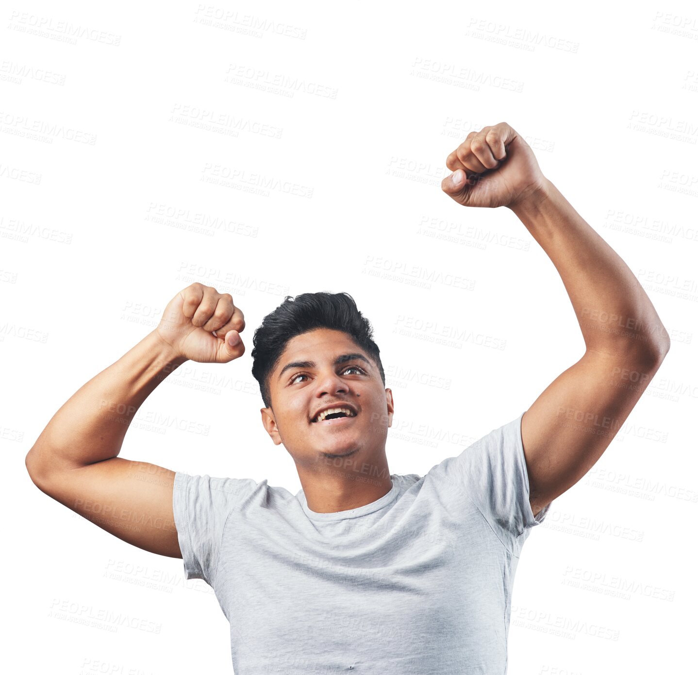 Buy stock photo Yes, success and happy man for freedom, power and celebration of winning, sale or college achievement. Celebrate, fist and indian person or student with wow isolated on transparent, png background