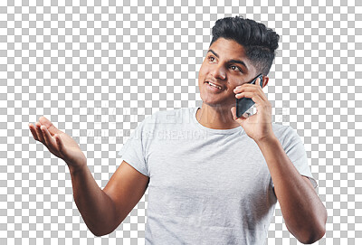 Buy stock photo Young man, phone call and talking, thinking or advice of information technology support, solution or discussion. Information, mobile chat or indian person in IT isolated on transparent png background