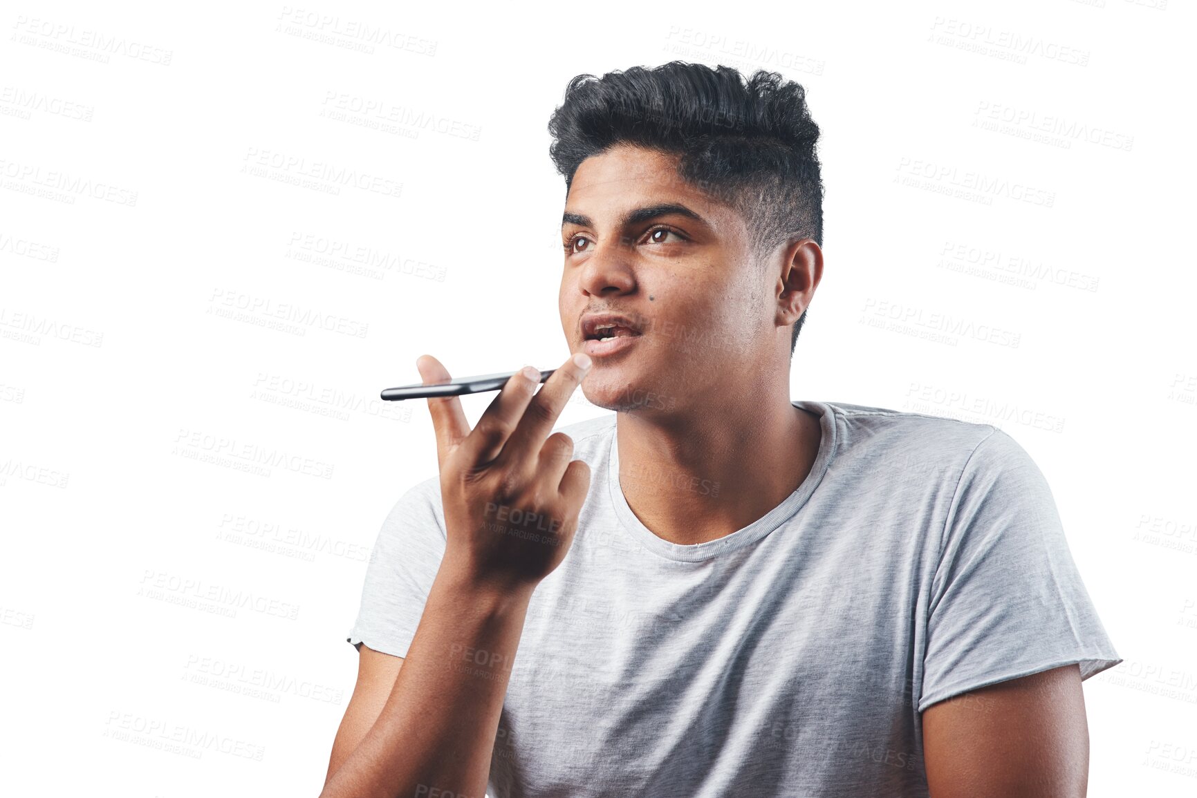 Buy stock photo Phone call, voice or man talking on loudspeaker in conversation isolated on transparent background. Mobile, recording or Indian person in discussion on smartphone mic for audio chat communication