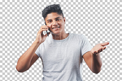 Buy stock photo Phone call, explain and young man in portrait for news or questions isolated on transparent, png background. Information, advice and indian person talking, networking and communication on mobile chat