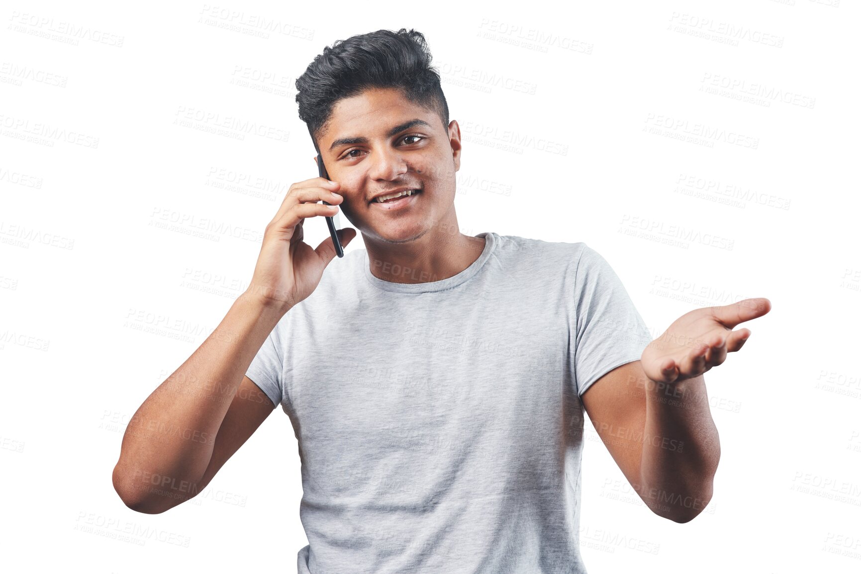 Buy stock photo Phone call, explain and young man in portrait for news or questions isolated on transparent, png background. Information, advice and indian person talking, networking and communication on mobile chat