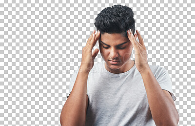 Buy stock photo Headache, pain and young man with stress for exam, study and scholarship, university debt or mental health. Brain fog, memory and migraine of person or student isolated on transparent, png background