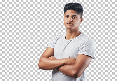 Buy stock photo Serious, crossed arms and portrait of a man with confidence in a casual, trendy or cool tshirt. Handsome, young and headshot of a male model posing with style isolated by a transparent png background