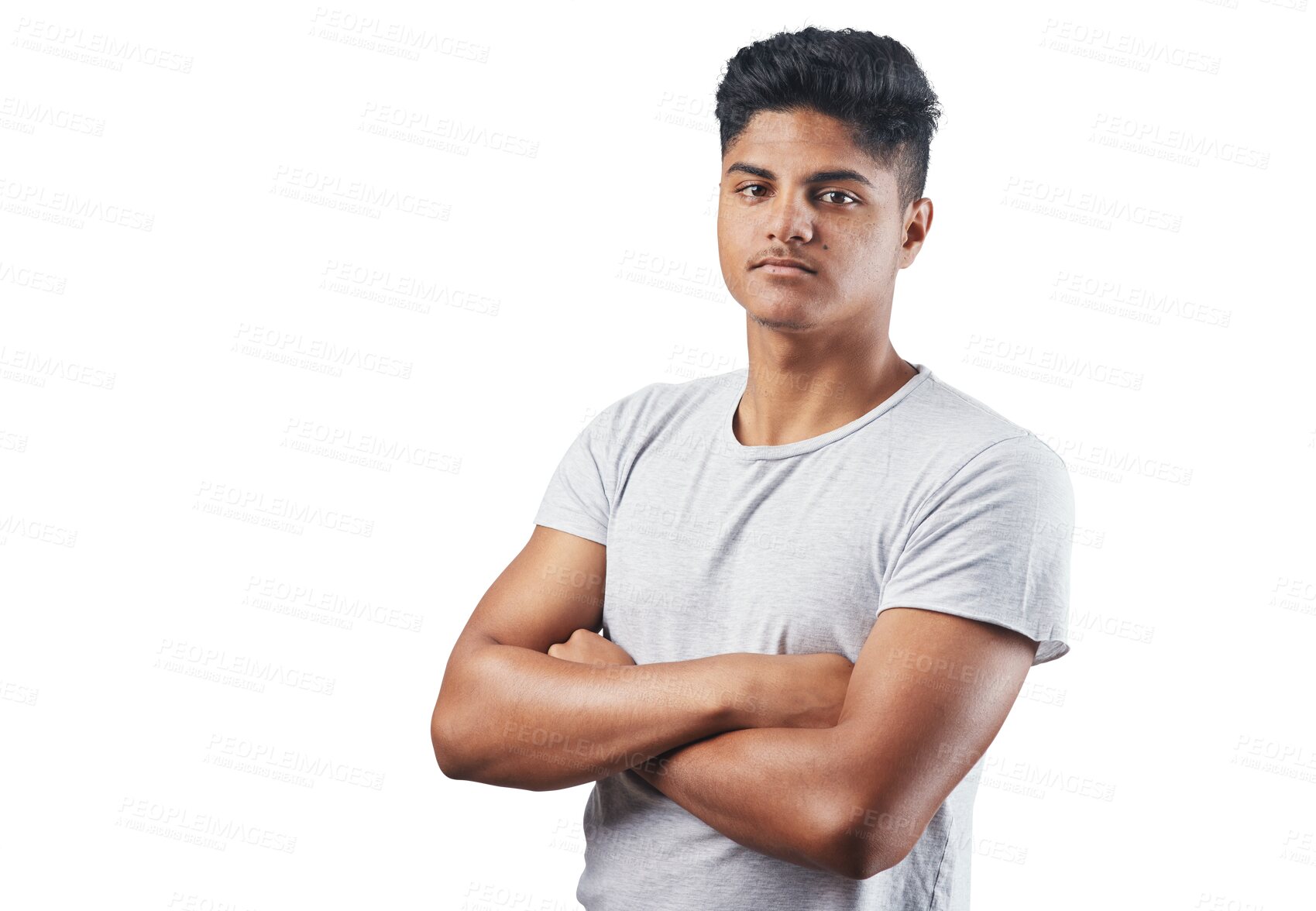 Buy stock photo Serious, crossed arms and portrait of a man with confidence in a casual, trendy or cool tshirt. Handsome, young and headshot of a male model posing with style isolated by a transparent png background