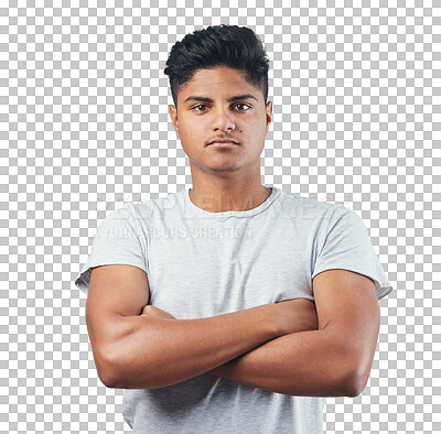 Buy stock photo Portrait, confidence and serious young man or student in casual tshirt isolated on transparent png background. Youth, focus and handsome Indian person with strong mindset, aesthetic and arms crossed