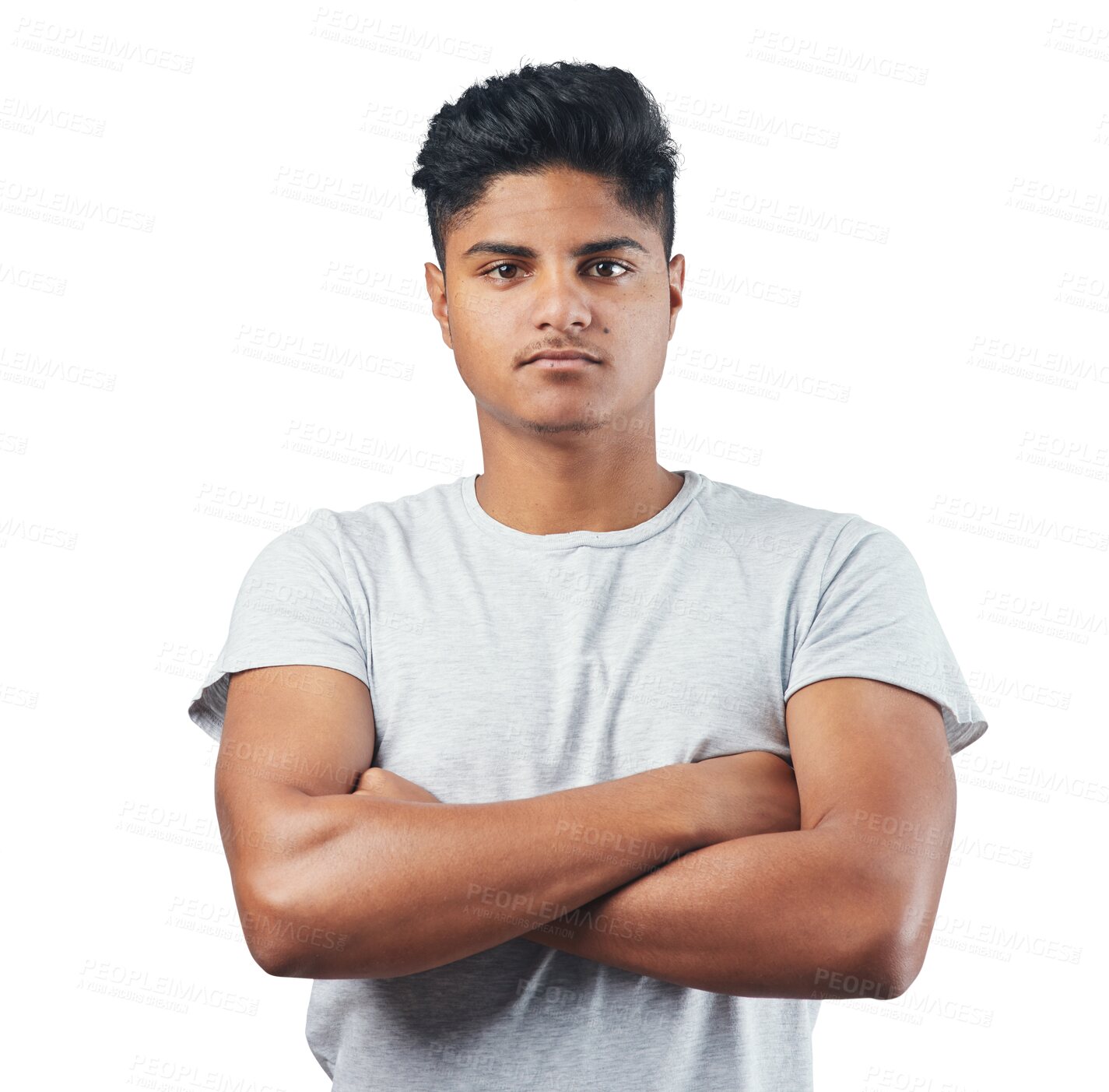 Buy stock photo Portrait, confidence and serious young man or student in casual tshirt isolated on transparent png background. Youth, focus and handsome Indian person with strong mindset, aesthetic and arms crossed