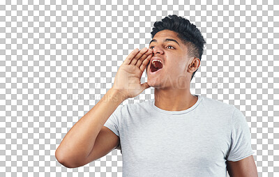 Buy stock photo Man, shout and calling with hand over mouth for announcement, communication or voice. Young Indian male person with gesture for loud sound for danger alert isolated on a transparent, png background