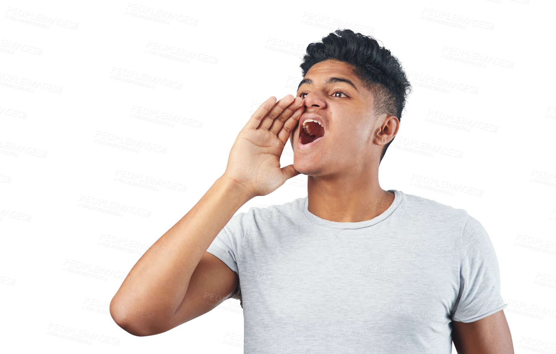 Buy stock photo Man, shout and calling with hand over mouth for announcement, communication or voice. Young Indian male person with gesture for loud sound for danger alert isolated on a transparent, png background