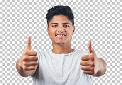 Buy stock photo Portrait, success or happy man with thumbs up for winning isolated on transparent png background. Like, thank you or face of Indian person giving thumbsup for agreement, yes or approval with smile