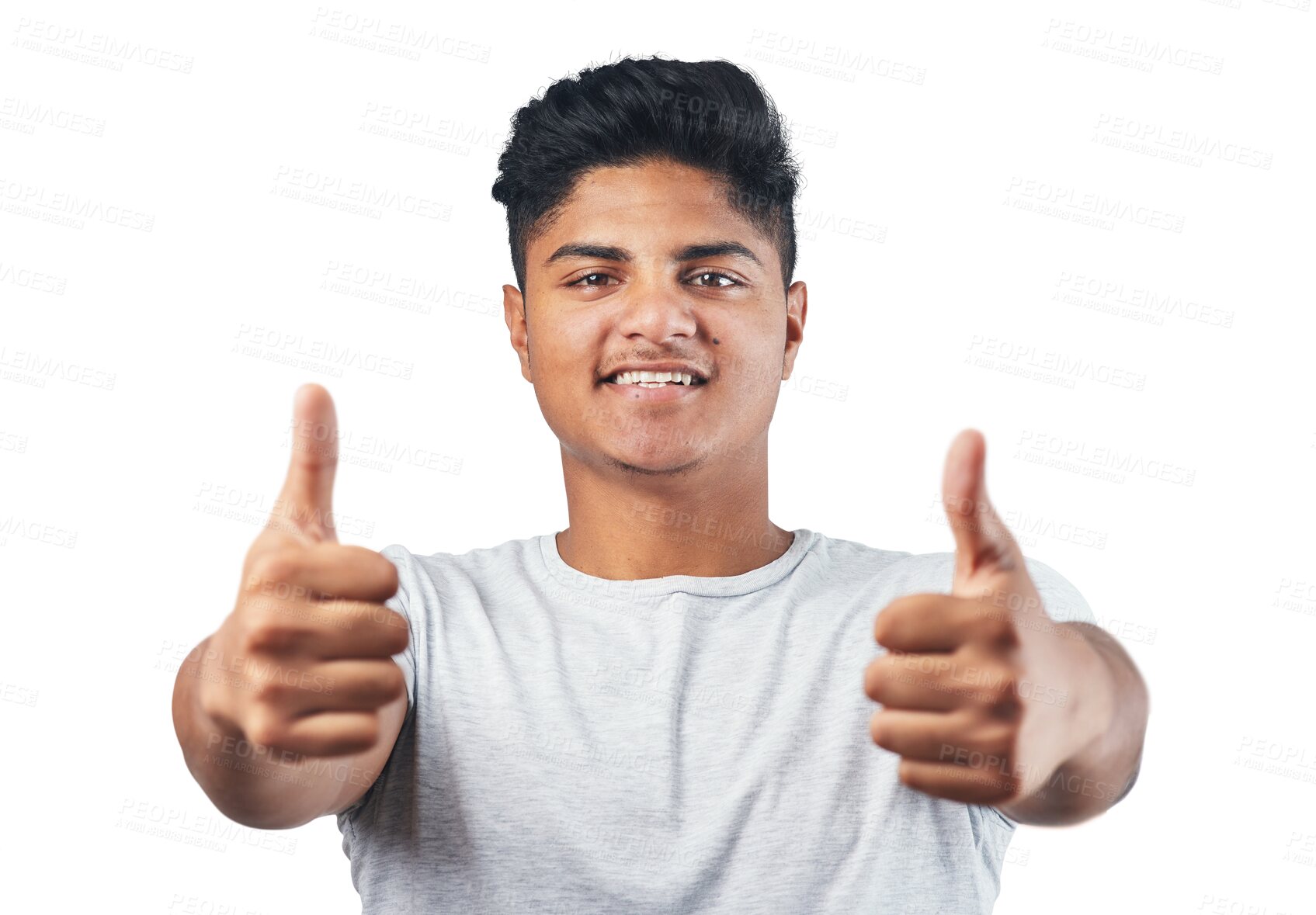 Buy stock photo Portrait, success or happy man with thumbs up for winning isolated on transparent png background. Like, thank you or face of Indian person giving thumbsup for agreement, yes or approval with smile