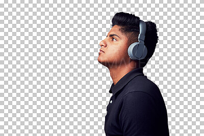 Buy stock photo Student, thinking or man with headphones for music or podcast isolated on transparent png background. Wondering, listening or Indian male streaming radio or song, audio or album for ideas