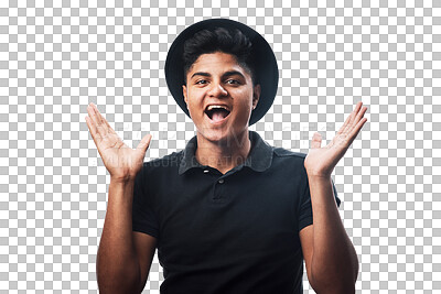 Buy stock photo Wow face, man and surprised in portrait and happy in png or isolated and transparent background in india. Excited, omg and male person with good news with success or winner and announcement or sale.