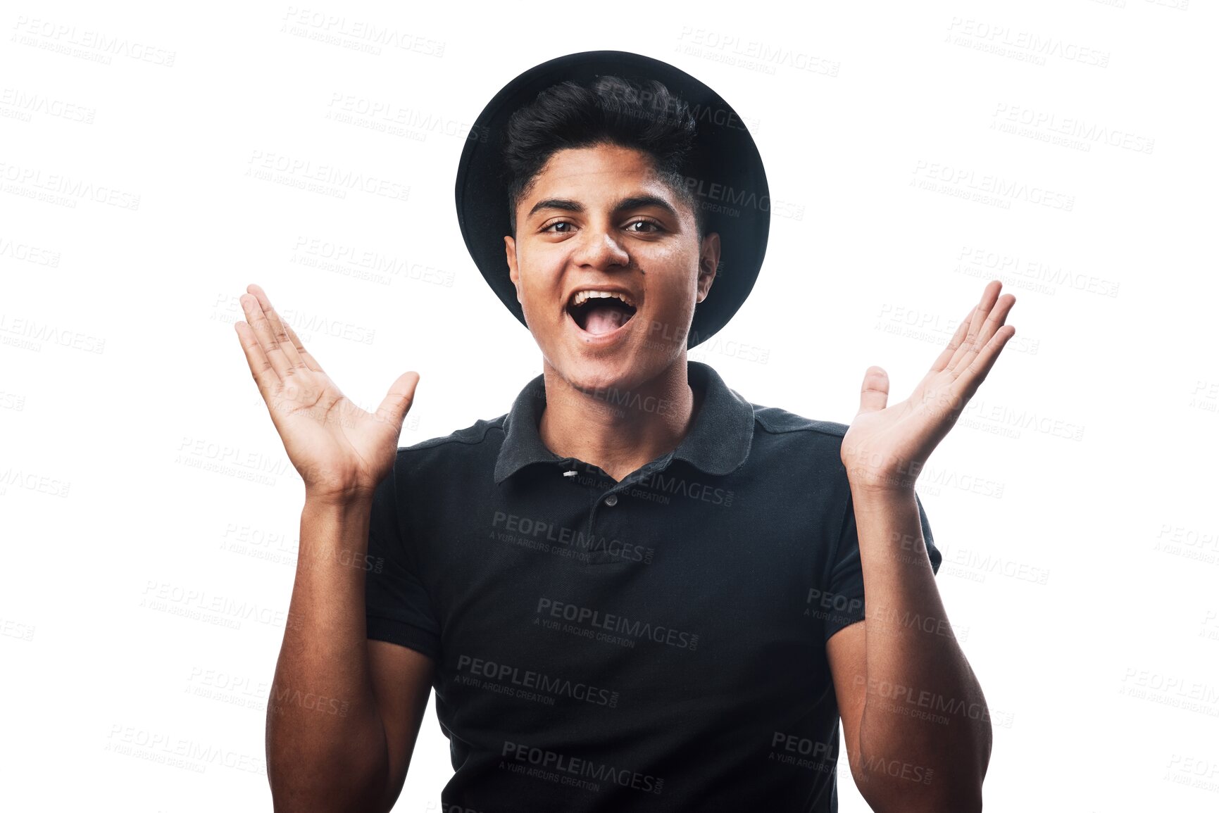 Buy stock photo Wow face, man and surprised in portrait and happy in png or isolated and transparent background in india. Excited, omg and male person with good news with success or winner and announcement or sale.