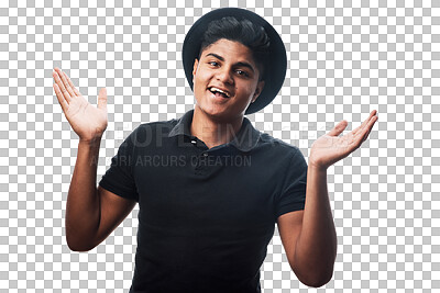 Buy stock photo Portrait, hat or happy man with open hands, fashion or confident positive mindset smiling alone. Happiness, smile or face of cool person with confidence, joy or style isolated on png background 