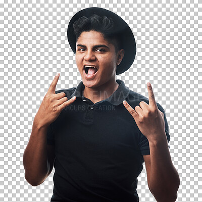 Buy stock photo Portrait, excited and man with rock sign, smile and guy isolated against a transparent background. Face, male person and rocker with hand symbol, heavy metal and party with happiness, fashion and png